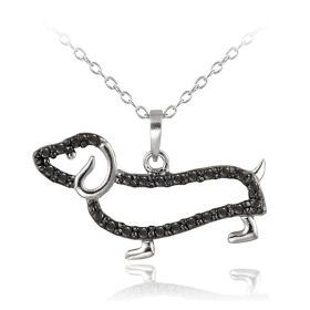 Silver Tone Black Diamond Accent Dachshund Dog Necklace - PBR13714M4